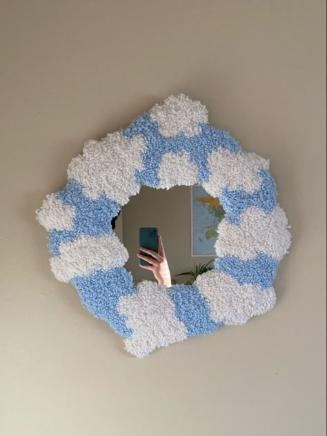 Punch Needle Rug Mirror, Punch Needle Cloud, Aesthetic Punch Needle, Punch Needle Mirror Frame, Rug Mirror Frame, Tufting Mirror, Punch Needle Frame, Punch Needle Mirror, Mirror Cloud