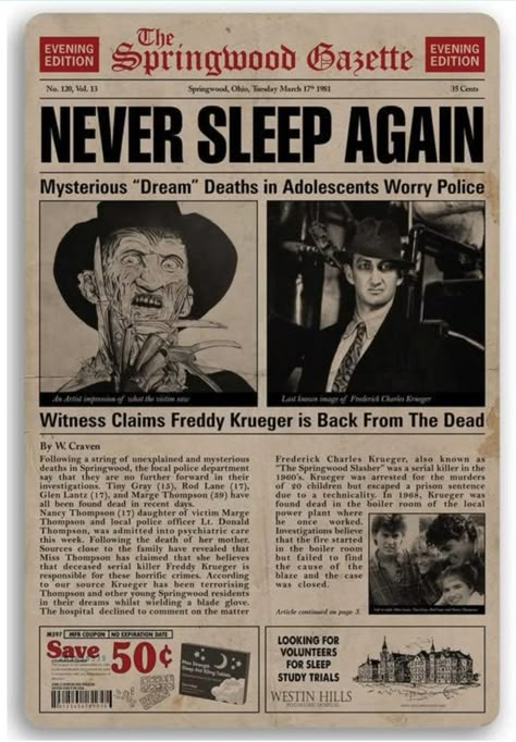 Horror Movie Newspaper, Newspaper Vintage, Never Sleep Again, Horror Room, Helloween Wallpaper, Scary Movie Characters, Restaurant Decoration, Horror Movie Icons, Horror Decor