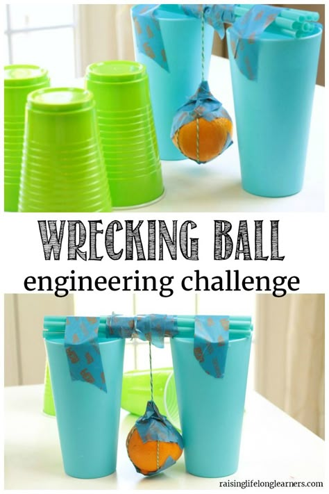 If your kids love engineering, they will love this fun engineering challenge that combines engineering in two ways, structural engineering and demolition engineering. In orange wrecking ball engineering challenge, I challenged my kids to come up with a system where an orange could knock some plastic cups over without them throwing it or rolling it. … What Do You Do With An Idea, Easy Stem Activities Elementary Fun, Engineering Activities For Elementary, Diy Wrecking Ball, Elementary Engineering Projects, 1st Grade Stem, Engineering Elementary School, Stem Preschool Activities, Gears Stem Activity