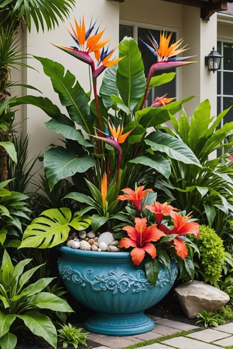 20 Front Yard Tropical Garden Design Ideas - Toolz Geek English Cottage Garden Ideas, Step Display, Flower Pot Designs, Tropical Backyard Landscaping, Gravel Pathway, Cottage Garden Ideas, Florida Landscaping, Cottage Porch, Tropical Garden Design