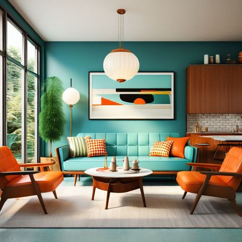 Mid century modern interior design style by Kenneth Josef Tadeo Menorca - Playground Mid Century House Living Room, Atomic Mid Century Modern, Mid Century Modern Office Furniture, Mid Century Modern Color Scheme, 50s Interior Design, 50s Interior, Odyssey Art, Mid Century Modern Room, Disney Minimalist