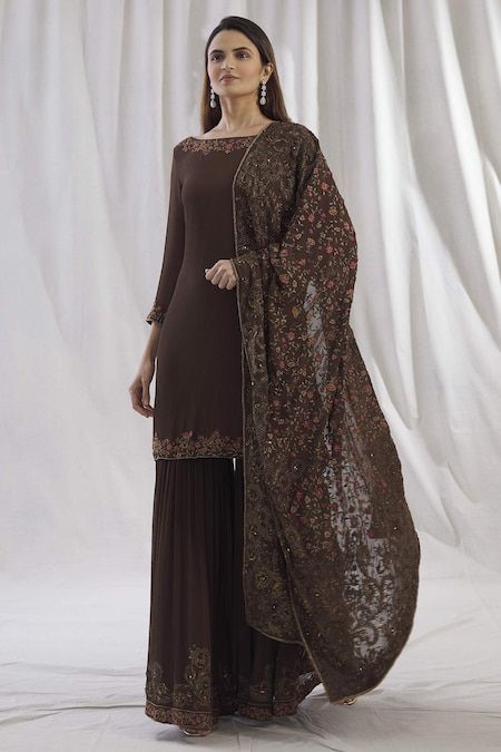 Brown Sharara, Garara Dress, Ankle Cuff Heels, Kurta Sharara Set, Kurta Sharara, Desi Clothes, Brown Satin, Sharara Set, Brown Shorts