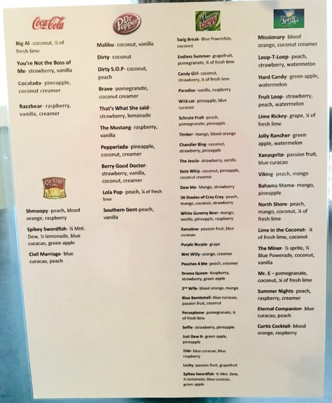 Soda Bar Menu Printable, Italian Soda Flavors Combinations, Sonic Orders, Soda Trailer, Dirty Soda Bar, Soda Truck, Soda Station, Soda Drinks Recipes, Dirty Soda Recipes