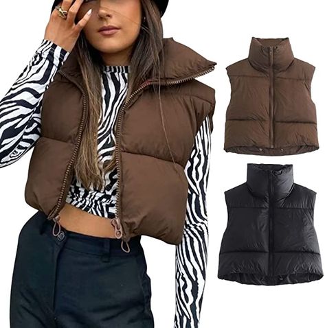 Amazon.com: Thaisu Women's Winter Short Vest Lightweight Sleeveless Warm Outerwear Retro Puffer Vest Padded Coat (A-Brown, Small) : Clothing, Shoes & Jewelry Women Waistcoat, Sleeveless Puffer, Fall Outerwear, Woman Vest, Winter Shorts, Stand Neck, Short Vest, Winter Outerwear, Casual Vest