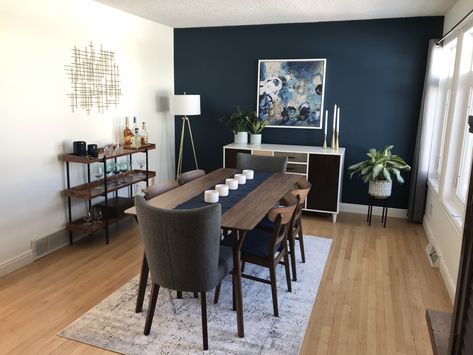 Blue Accent Wall In Dining Room, Grey And Navy Dining Room, Navy Kitchen And Dining, Navy Feature Wall Dining Room, Dining Room Decor Blue Walls, Dark Navy Dining Room Walls, Navy Wall Dining Room, Gray And Navy Dining Room, Navy Kitchen Dining Room