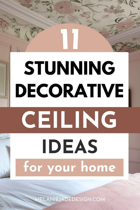 Explore '11 Stunning Ceiling Designs for Modern Homes'! Elevate your space with innovative ideas from elegant coffered to bold geometric ceilings. Perfect for those seeking a dramatic home makeover. #CeilingDesign #ModernHomeDecor #InteriorInspiration Square Wood Ceiling Design, Pink Ceiling Dining Room, Plaster Cove Ceiling, Easy Ceiling Murals, Cozy Ceiling Ideas, Wallpapered Ceilings Bedroom, Crown Molding For 8 Foot Ceilings, Textured Ceilings Ideas, Painted Ceiling Design Ideas