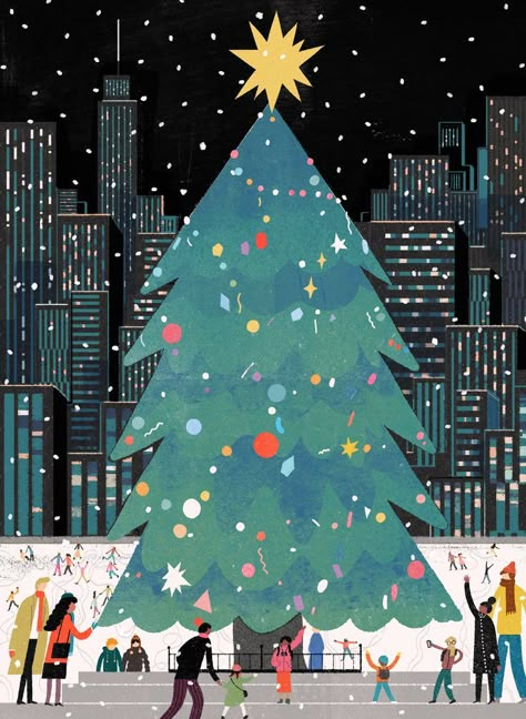 Christmas Tree in the City #illustration Winter Inspiration Board, Christmas Night Illustration, Celebration Illustration, Holiday Iphone Wallpaper, Christmas Tree Drawing, City Christmas, Cat Greeting Cards, Winter Illustration, Cute Christmas Wallpaper