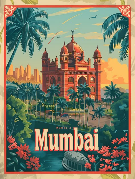 #VibrantTourismPoster #Mumbai #RetroArtDecoIllustration #EmilianoPonzi #RichardGruelle #LaurentDurieux #HighQuality #Hdr #Uhd #8kResolution #3:4AspectRatio Retro Places Aesthetic, Indian City Illustration, Abstract Landscape Illustration, Old Bombay Aesthetic, Mumbai Illustration Art, Mumbai City Illustration, City Illustration Design, Tourism Poster Design, Mumbai Illustration