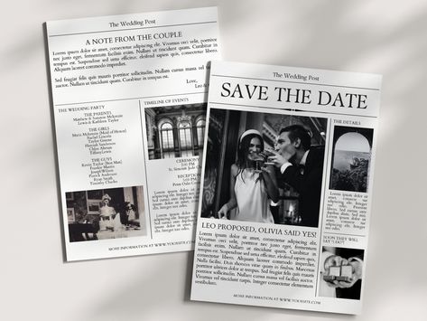 Save The Date Newspaper, Newspaper Invitation, Freelancing Ideas, Wedding Newspaper Template, Black And White Wedding Theme, Wedding Newspaper, Wedding Post, White Wedding Theme, Black And White Wedding Invitations