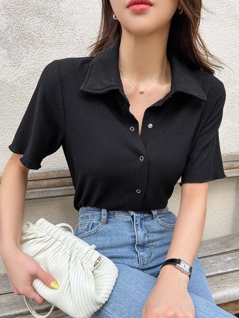 DAZY Solid Button Up Textured Blouse Black Button Down Shirt Outfit, Black Polo Shirt Outfit Woman, Black Button Up Shirt Outfit, Women Business Attire, Collared Shirt Outfits, Button Down Outfit, Polo Shirt Outfits, Textured Blouse, Black Button Up Shirt