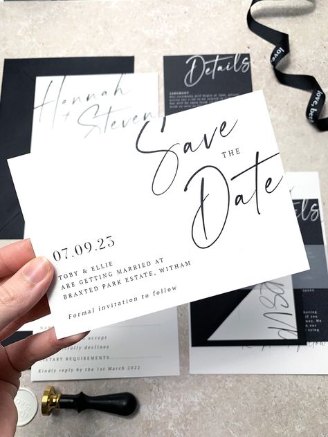 Monochrome Invitation Wedding, Black Themed Wedding Invitations, Wedding Favors Black And White, Modern Simple Wedding Invitations Black And White, Wedding Invitations White And Black, Black And White Minimal Wedding, Black Tie Wedding Save The Date, Modern Wedding Save The Date, Black And White Save The Date Ideas