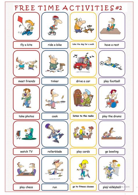 Free Time Activities #2 - English ESL Worksheets for distance learning and physical classrooms Freetime Activities, Free Time Activities, Hobbies For Kids, Hobbies For Women, Picture Dictionary, Hobbies To Try, Hobbies For Men, Activities For Teens, Hobbies That Make Money