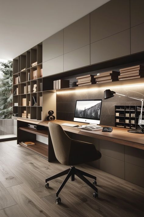 Modern Built In Desk And Shelves, Galley Office Small Spaces, Storage Wall Office, Modern Bookshelf Design Office, Smart Home Office Design, Modern Office Shelving, Study Wall Design, Office With Storage Ideas, Contemporary Study Room Design