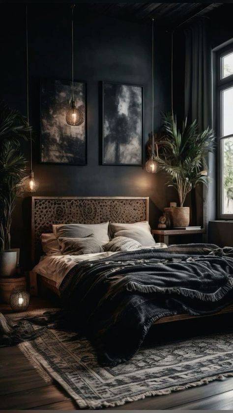 Black With Wood Bedroom, Black Moody Bedroom Ideas, Classy Dark Bedroom Ideas, Wall Art For Over The Bed, Bedroom Dark And Moody, Black Minimalist Bedroom Aesthetic, Moody Dark Interior Design, Moody Woodsy Bedroom, Dark Grey Moody Bedroom