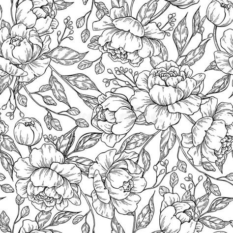 Floral Design Drawing, Peony Drawing, Botanical Rose, Flower Seamless Pattern, Pattern Sketch, Flower Line Drawings, Black And White Flower, Drawing Vector, Background Drawing