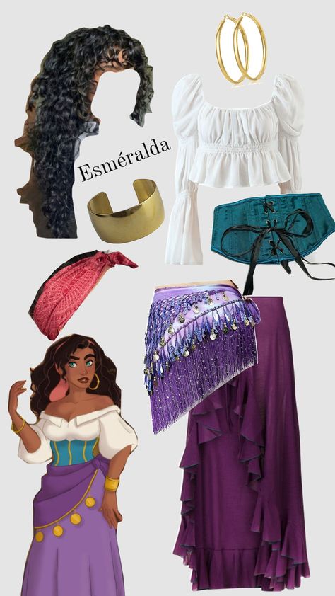 #esmeralda #gypsy #hunchbackofnotredame #costumeidea #costumeinspo Esmerelda Halloween Costume, Esmeralda Halloween Costume, Esmerelda Costume Diy, Esmeralda Disney Outfit, Costumes With Curly Hair, Esmeralda Outfit, Esmeralda Disney Costume, Esmeralda Disneybound, Disney Princess Diy Costume