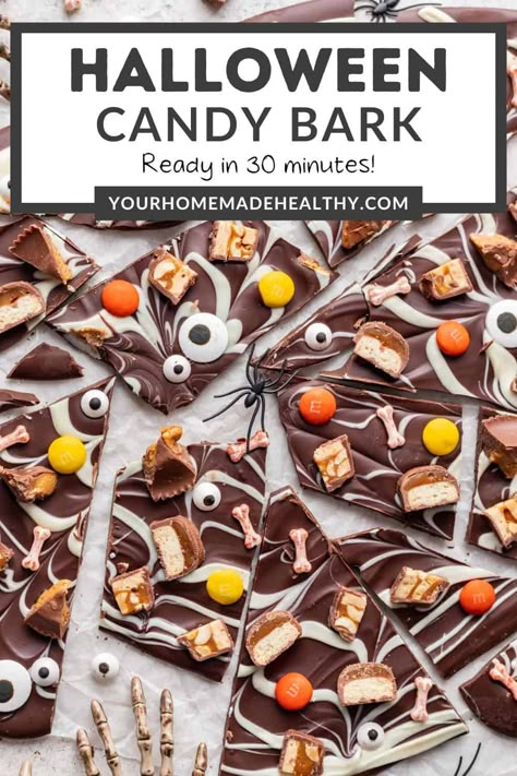 Turn Halloween candy into festive Halloween Candy Bark! With just a few simple ingredients and about 30 minutes of prep time, you can make this easy Halloween recipe for all of your celebrations this fall. Halloween Candy Homemade, Homemade Halloween Candy Recipes, Halloween Bark Candy, Halloween Candy Bark Recipes, Halloween Chocolate Bark, Homemade Halloween Candy, Halloween Bark Recipes, Healthy Halloween Candy, Halloween Candy Ideas