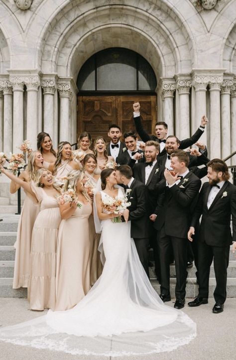 Wedding Color Scheme Champagne, Fall Wedding Neutral Color Scheme, Champagne Bridesmaid Black Groomsmen, Wedding Party Photos Champagne, Black Tux And Champagne Wedding, Wedding Decor White And Champagne, Champagne And Neutral Wedding, Champagne Bridesmaid Dress With Black Suit, Gold White And Champagne Wedding