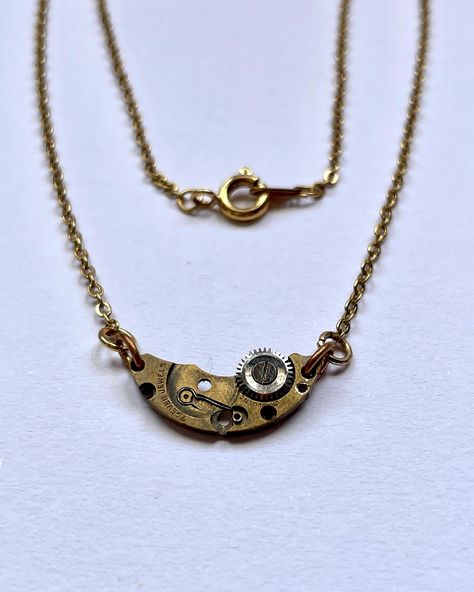 Watch movement necklaces with gears that spin!!! I like to fidget so these necklaces have been fun to wear :) #upcycledjewelry #repurposedjewelry #foundobjectjewelry #phillyjeweler Vintage Self-winding Jewelry As Gift, Steampunk Antique Gold Metal Necklaces, Gold Steampunk Nickel-free Jewelry, Steampunk Adjustable Necklace With Soldered Details, Gold Steampunk Necklace Vintage, Found Object Jewelry, Repurposed Jewelry, Upcycled Jewelry, Watch Movement