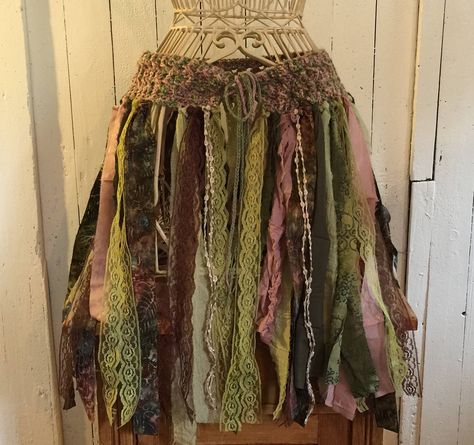 Tattered Pixie Skirt in gorgeous greens and pinks #festivalclothing #hippie #pixieskirt Green Boho Skirt, Ren Faire Diy, Tattered Skirt, Denim Skirt Trend, Hippie Rock, Olive Green Skirt, Wedding Dresses Whimsical, Pixie Skirt, Steampunk Skirt