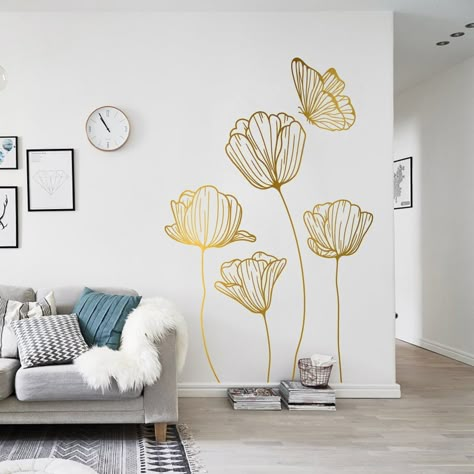 Poppies and Butterfly, Poppies, Flower, Butte Wall Decor Stickers Living Room, Minimalist Mural, White Wall Stickers, Modern Wall Stickers, Poppies Flower, Nature Minimalist, Flower Luxury, Wall Murals Diy, Wall Appliques