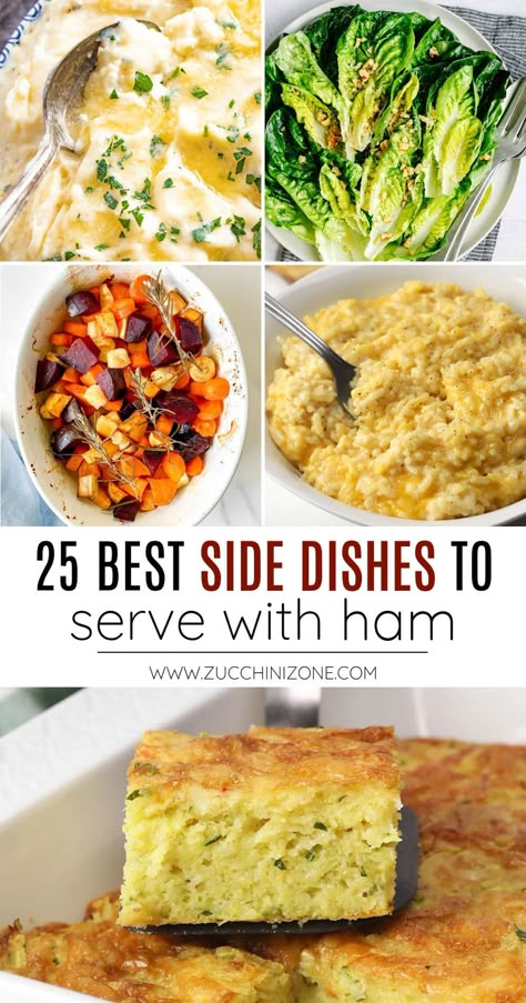 What to serve with ham: 25 best side dishes, a recipe roundup by Zucchini Zone. Are you preparing a spiral-sliced ham for the holidays or Sunday dinner with family? Today I'm sharing 25 of the best and most delicious sides that pair perfectly with juicy glazed ham. #whattoservewithham #holidaysides #sidedishes #sides #hamsides #holidayham #easter #thanksgiving #christmas #sundaydinner Easter Sunday Side Dishes, Things To Serve With Ham, Pioneer Woman Side Dishes, Sides To Eat With Ham, Ham Steak Sides, Side Dishes For Ham Dinner Christmas, Smoked Ham Sides, Christmas Ham Meal Sides, Sides To Go With Ham Dinner