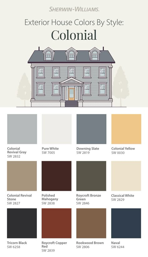 Give your colonial-style home the look it deserves with exterior paint colors from Sherwin-Williams. Tap this pin to explore the America's Heritage Palette featuring color combinations based on authentic schemes for colonial homes including Craftsman bungalows, and more. #sherwinwilliams #paint #painting #exteriorpaint #housecolor #color #inspiration #colonial #craftsman #bungalow Colonial Home Paint Colors Exterior, Exterior Paint Colors Colonial House, Americana Home Exterior, Colonial Paint Exterior, Colonial House Paint Exterior, Center Hall Colonial Exterior Paint Colors, Colonial Home Color Palette, Historic Colonial Exterior Paint Colors, Colonial Revival House Exterior Paint Colors