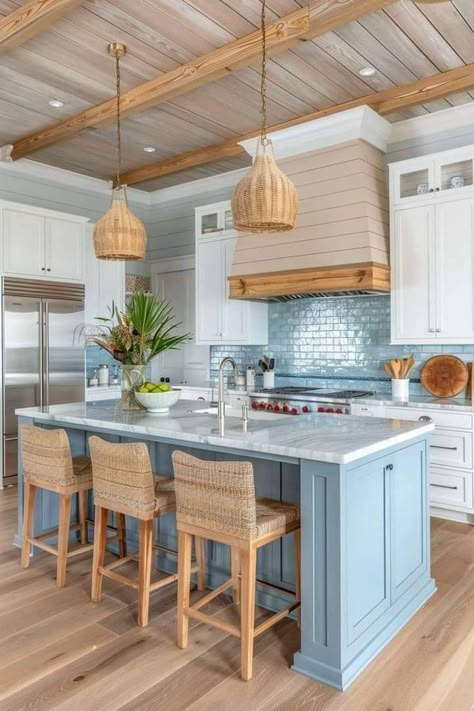 Coastal Home Kitchen Ideas, Beach Houses Kitchen, Rustic Beach Kitchen Ideas, Coastal Living Kitchen Ideas, Coastal Cozy Kitchen, Ocean Inspired Kitchen, Beach Home Kitchen Ideas, Coastal Beach Home Exterior, Lake House Home Decor