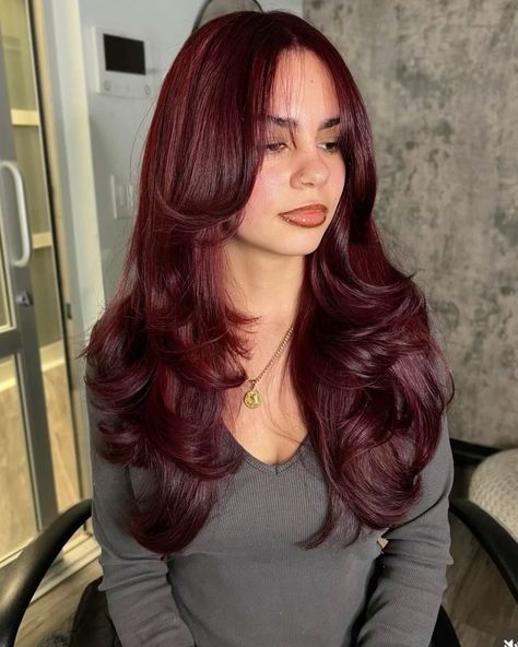 Deep Red Burgundy Hair Color, Dark Dark Red Hair, Red Hair With Layers, Red Dark Hair, Cherry Cola Red Hair, Light Burgundy Hair, Cherry Wine Hair Color, Red Wine Hair Color, Dark Cherry Red Hair