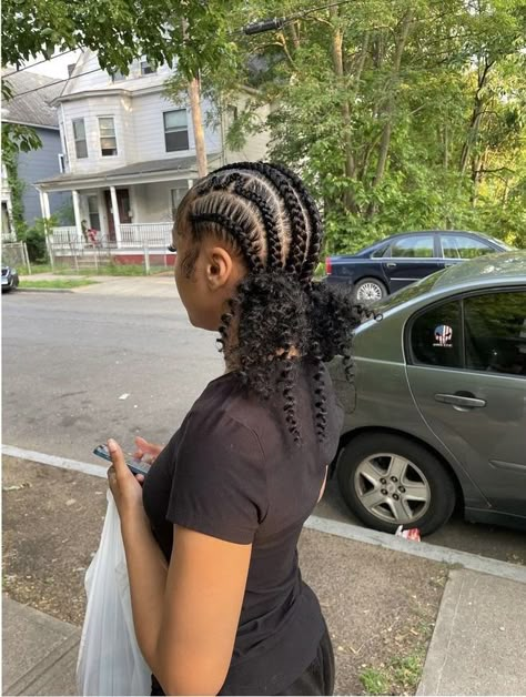 Braided Back Cornrow Hairstyles, 2 All Back Cornrows Hairstyles, Braids With Two Buns In The Back, Feed In Space Buns, Hair Inspo Protective, Two Braids At The Top Of Head, Cornrow With Curls In The Back, Swirl Cornrows Braids, Criss Cross Straight Back Braids