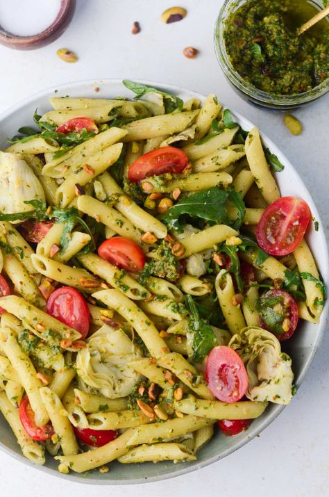 Pistachio Pesto Pasta Pesto Dishes, Quinoa Chickpea Salad, Dill Pickle Pasta Salad, Homemade Pesto Recipe, Sundried Tomato Pasta, Spring Mix Salad, Pasta Casseroles, Pistachio Pesto, Pesto Pasta Recipes