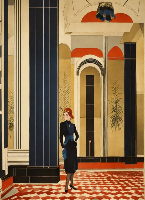 Art Deco Interior Illustration, Art Deco Set Design, Art Deco Ballroom, Great Gatsby Aesthetic Art Deco, Roaring 20s Architecture, Art Deco Jazz Club, Art Deco Furniture 1920s, Contemporary Art Deco Interior, Art Deco Interior 1920s