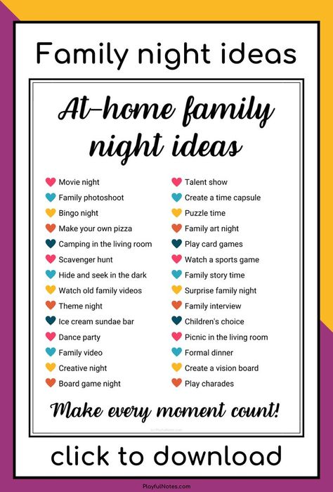 Discover 31 easy and fun at-home family night ideas that you and your kids will love! They are great for building connection and having fun together!  --- Family activities at home | Family fun Cheap Family Night Ideas, Weekly Family Night Ideas, At Home Family Night Ideas, Fun Family Challenges, Game Night With Family, Family Night In Ideas, Family Night Activities At Home, Family Time Ideas At Home, Friday Night Family Fun At Home