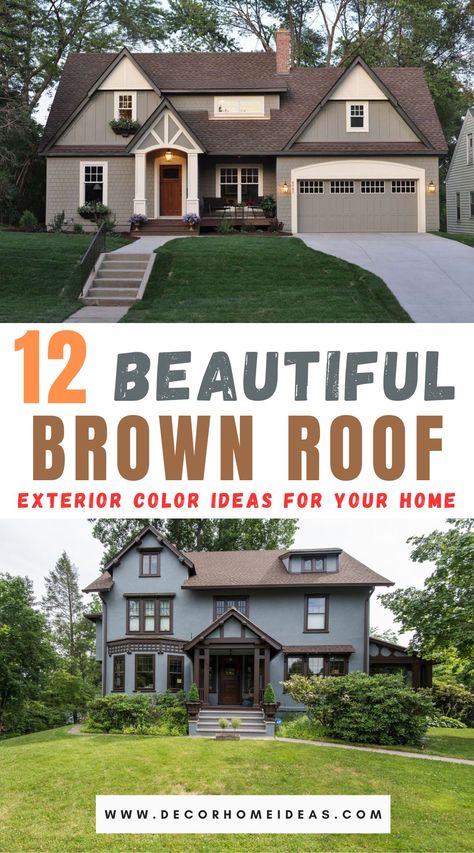 Best Brown Roof Exterior Paint Color Schemes Exterior Color Schemes Brown, Outdoor House Paint Colors, Brown Roof Exterior, House Paint Exterior Colour Schemes, Brown Roof Houses, Brown House Exterior, Outdoor House Paint, Tudor House Exterior, Brown Roofs