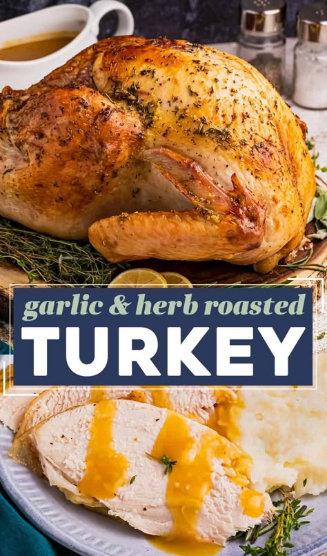 Turkey is slathered in a savory garlic and herb butter, stuffed with aromatics like onion, lemon, and herbs, then roasted until crispy on the outside and moist and tender inside. It’s perfect for your Thanksgiving or other holiday dinners! Roast Turkey Recipes Thanksgiving, Butter Roasted Turkey, Holiday Turkey Recipes, Roasted Turkey Recipe, Herb Roasted Turkey Breast, Turkey Christmas, Herb Roasted Turkey, Herb Turkey, Roast Turkey Recipes