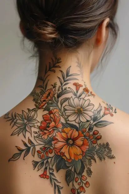 attractive tattoos for women 07 Back Tattoos On Women, Women Back Neck Tattoo, Botanical Tattoo Cover Up, Black Sleeve Tattoo Women, Botanical Back Tattoo Women, Wildflower Cover Up Tattoo, Women Color Tattoos, Flower Back Piece Tattoo, Women Back Of Neck Tattoo