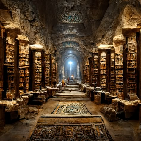 library of Alexandria underground scrolls books desks torches ancient 4K arabesque detailed dark old architecture large hall academia ruins untouched overgrown Petra stone wood Abandoned Library, Ancient Egypt Aesthetic, Ancient Alexandria, Ancient Library, Egypt Aesthetic, World Library, Library Of Alexandria, Fantasy Architecture, Old Library