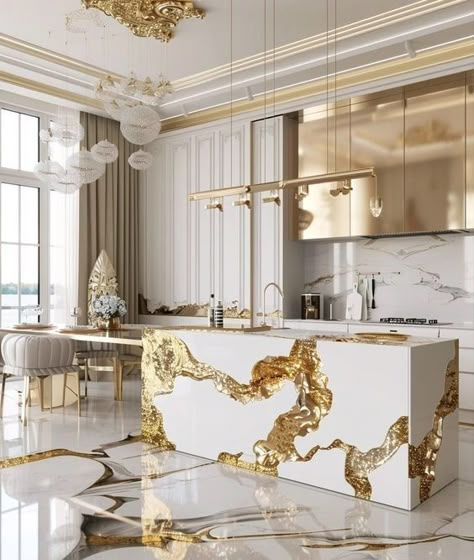 White Black And Gold Kitchen, White And Gold Interior Design, Gold Kitchen Cabinets, White And Gold Kitchen Decor, Gold Kitchen Appliances, White And Gold Kitchen Ideas, White And Gold Interior, Luxury Kitchen Design White, Kitchen Garland