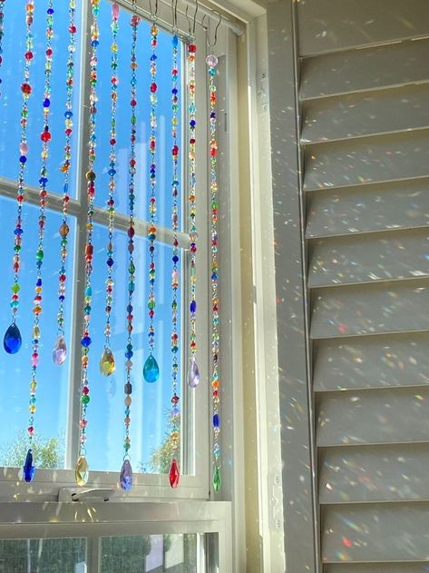 Sun Catcher Curtain, Windowless Room Decor, Bead Curtain Window, Diy Dorm Room Decor, Decorate Window, Bead Sun Catcher, Window Beads, Diy Sun Catchers, Bead Suncatcher