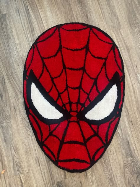 hand tufted spider man rug. Spider Man Tufted Rug, Spiderman Rug Tufting, Cool Carpet Design, Spider Man Rug, Spider Man Room Aesthetic, Tuft Rug Design Ideas, Spider Man Room Ideas, Spider Man Decor, Mens Rugs