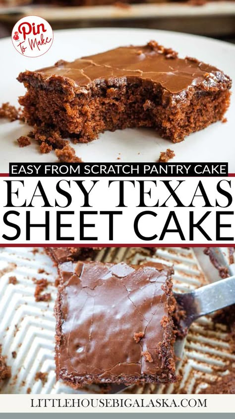 A chocolate Texas Sheet Cake slice with glossy frosting sits on a white plate. The slice, made from scratch, has a bite taken out of it, revealing a moist interior. Crumbs are scattered on the plate. More cake pieces are blurred in the background, hinting at the best cake experience yet. The bottom image shows a square slice of Chocolate Texas Sheet Cake being lifted from the sheet pan with a spatula. Dessert Recipes For Large Groups, Texas Sheet Cake Bites Recipes, Dessert For Large Group, Easy Texas Sheet Cake Recipe, Chocolate Texas Sheet Cake Recipe, Texas Sheet Cake Bites, Chocolate Texas Sheet Cake, Texas Chocolate Sheet Cake, Alaska Food