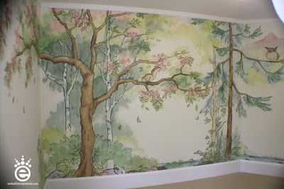 Embellishments Kids: Out of the woods - a nursery mural for woodland friends and baby McClure Fairy Mural, Enchanted Forest Nursery, Woodland Mural, Woodland Bedroom, Fairy Bedroom, Room Designer, Garden Mural, Forest Mural, Kids Room Murals