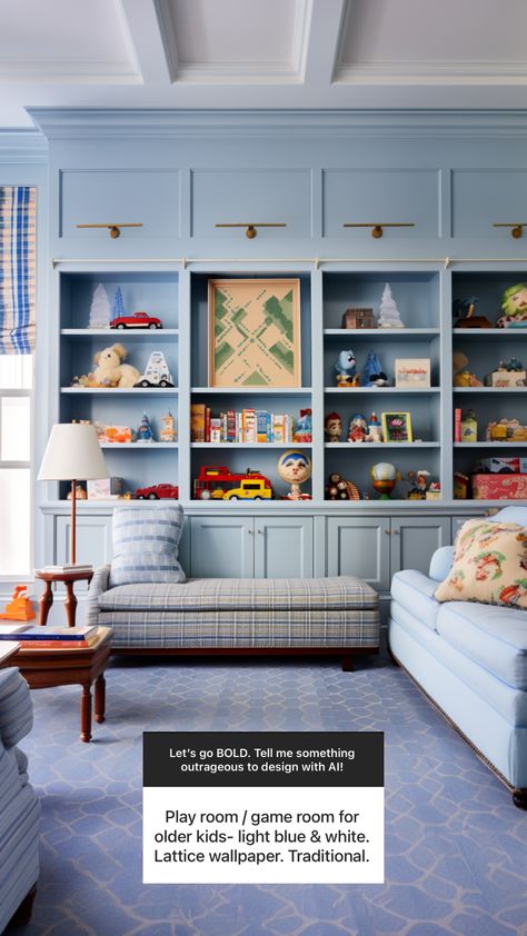 play room for kids Built In Shelving Playroom, Oval Room Blue Playroom, Playroom Built Ins Around Window, Playroom Wall Of Storage, Playroom With Wainscotting, Blue Wall Playroom, Front Room Playroom Combo, Blue Couch Playroom, Open Shelving Playroom