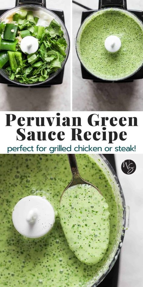 Make this bright green sauce to add the best fresh flavors to grilled meat, as a dipping sauce for french fries, or to liven up any leftovers in your fridge. But best of all, serve this with our Peruvian chicken recipe for the best flavor combination. This recipe is gluten-free. Peruvian Green Sauce Recipe, Peruvian Green Sauce, Green Sauce Recipe, Peruvian Chicken, Peruvian Dishes, Authentic Mexican Recipes, Peruvian Cuisine, Resep Salad, Cilantro Sauce