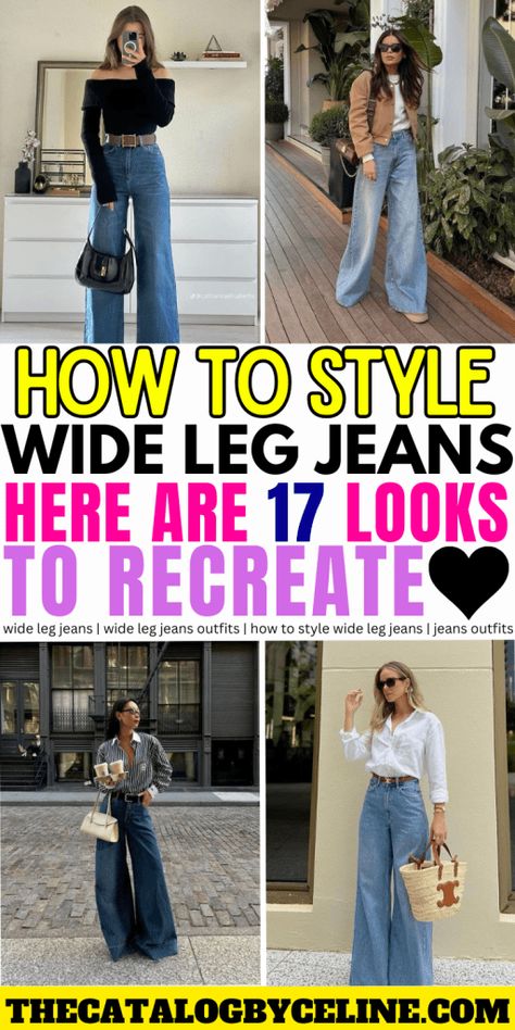 Blue Jean Wide Leg Pants Outfit, Wide Leg Jeans And Pointed Heels, Sweatshirts With Wide Leg Jeans, How To Style Brown Wide Leg Jeans, Wide Jeans Outfit Casual, How To Style Jean Trousers Women, How To Dress Bell Bottom Jeans, Wide Pants Jeans Outfit, How To Style Ankle Jeans