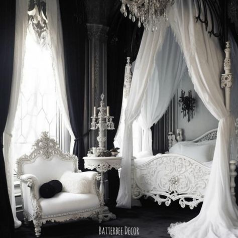 White And Black Aesthetic Bedroom, White Gothic Home Decor, White Gothic Room, White Goth Decor, White Goth Bedroom, White Goth Room, White Gothic Bedroom, White Gothic Aesthetic, White Gothic Decor