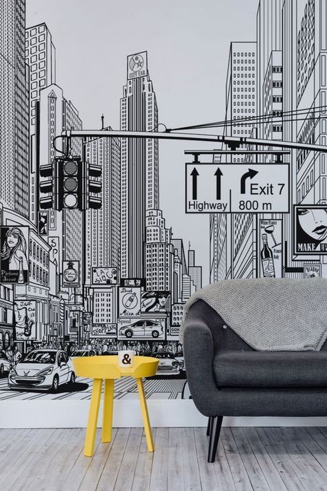 6 Amazing wall murals you will dream about Nyc Murals, Bedroom Black, Trendy Bedroom, Black Furniture, Design Del Prodotto, Living Room Spaces, Trendy Home, Wallpaper Bedroom, Room Wallpaper