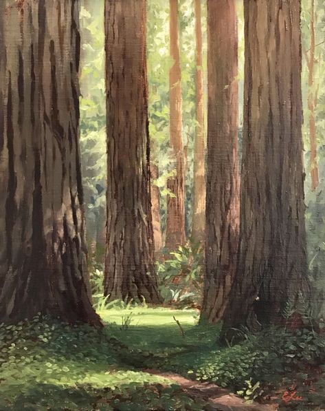 Cool Nature Paintings, Painting Of A Forest, Landscape Painting Inspiration, Peaceful Paintings Easy, Woods Painting Easy, Woodsy Paintings, Watercolor Trees Landscape, Woodlands Painting, Painting Ideas Trees