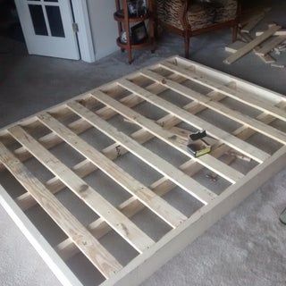 How To Make A Box Spring For Bed, Build Box Spring, Bed Base Ideas Diy, Diy Slats For Queen Bed, Simple Wood Platform Bed Frame, King Bed Frame No Box Spring, Diy Boxspring Bed Frame, Diy Low Profile Bed Frame, Low Profile Bed Frame Diy