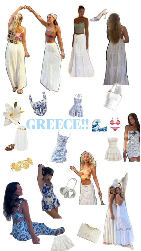 Greece fits/ accessories Vacay Outfits Greece, Shein Greece Outfits, Greece Vacay Outfits, Crete Greece Aesthetic Outfits, Outfits To Wear In Greece Spring, Greece Dinner Outfit, Dresses To Wear In Greece, Greek Aesthetic Outfit, Greek Outfit Aesthetic